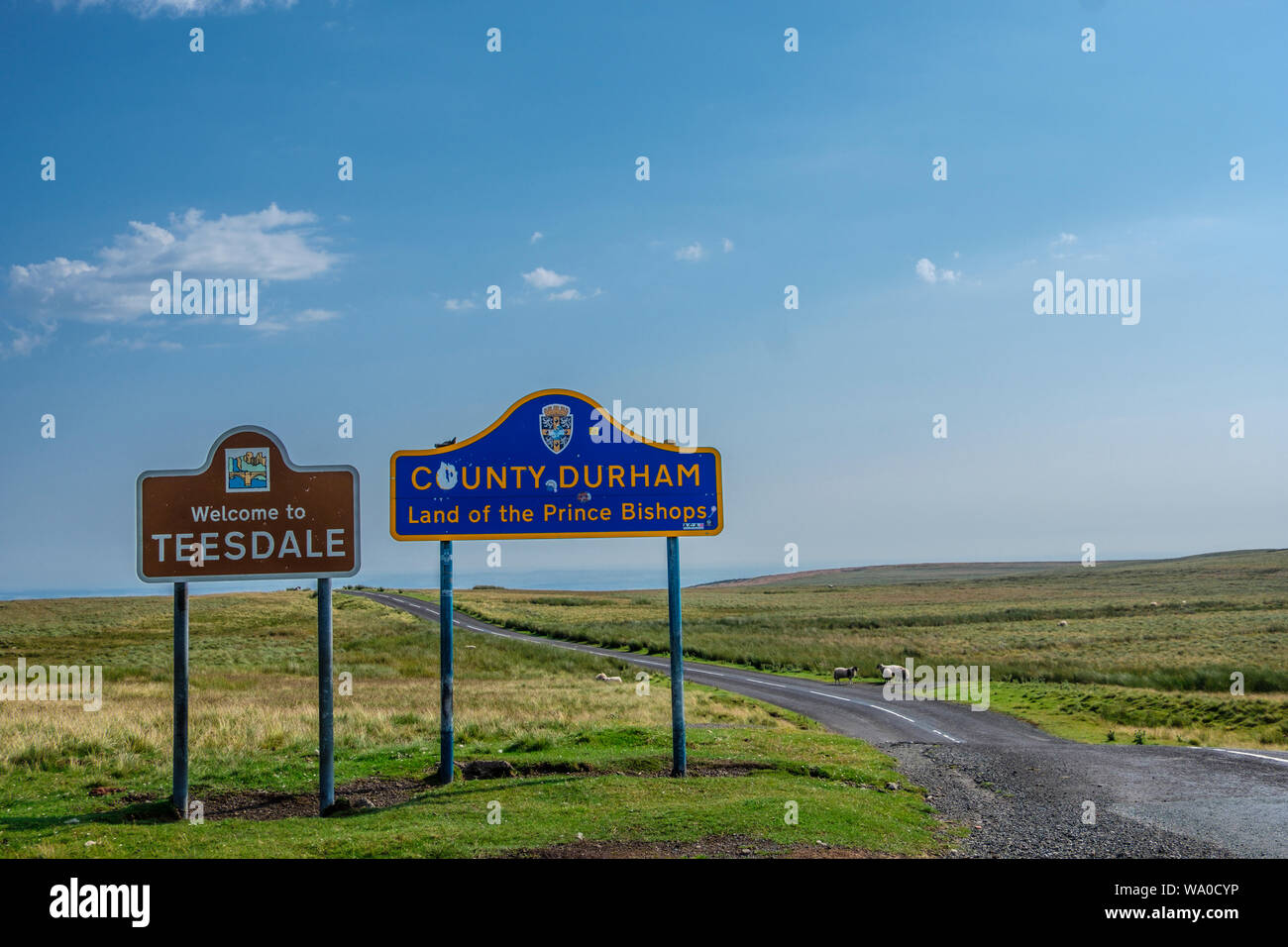 The Yorkshire border with County Durham on the moors above Teesdale. Stock Photo