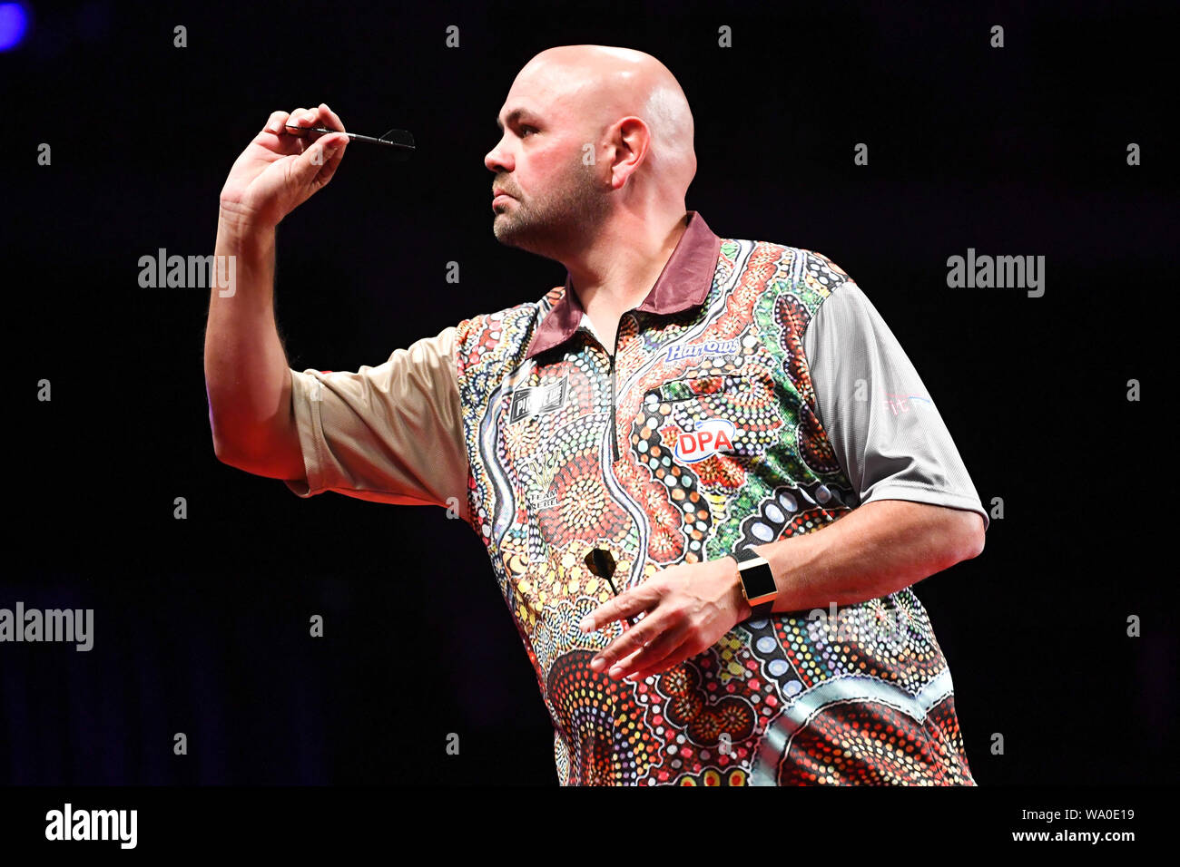 16th August 2019; The Melbourne Arena, Hisense Arena, Melbourne, Victoria, Australia; Professional Darts Corporation, Melbourne Darts Masters; Mick Lacey throws in his match against Simon Whitlock - Editorial Use Only. Stock Photo