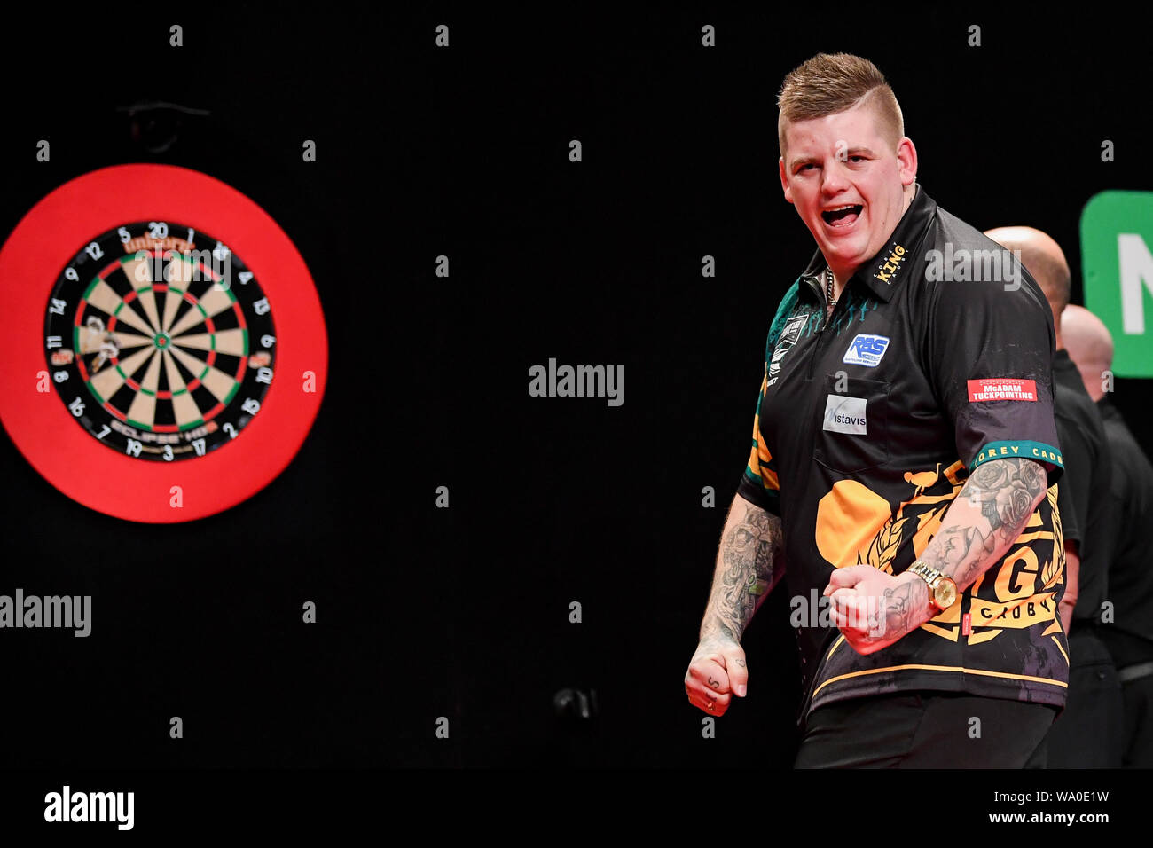 16th August 2019; The Melbourne Arena, Hisense Arena, Melbourne, Victoria,  Australia; Professional Darts Corporation, Melbourne Darts Masters; Corey  Cadby celebrates in his match against Peter Wright - Editorial Use Only  Stock Photo - Alamy