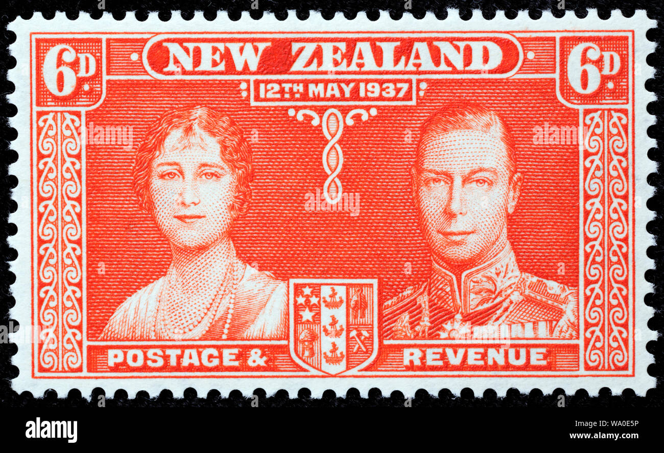 Coronation of King VI, postage stamp, New Zealand, 1937 Stock