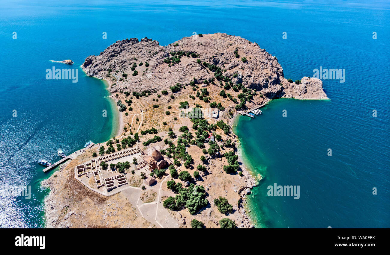 Aerial view of Akdamar Holy Cross Church, hidden monuments of Anatolia. Island of Akdamar on lake Van, eastern Turkey. Stock Photo