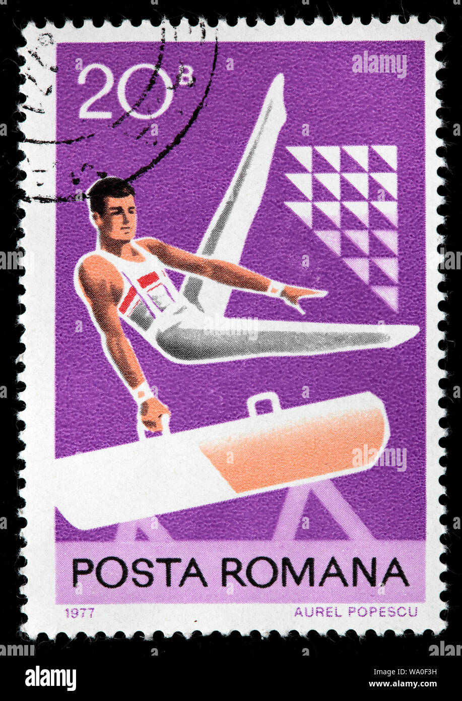 Gymnast on pommel horse, Gymnastics, postage stamp, Romania, 1977 Stock Photo