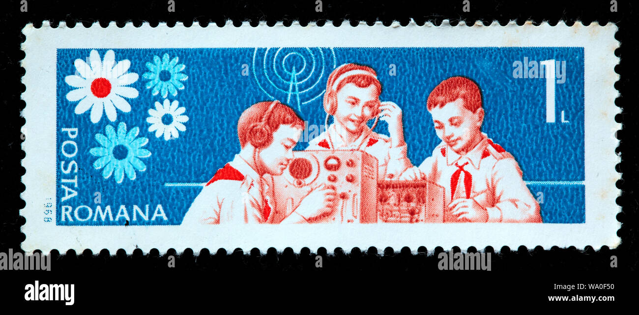 Pioneers transmitting, postage stamp, Romania, 1968 Stock Photo