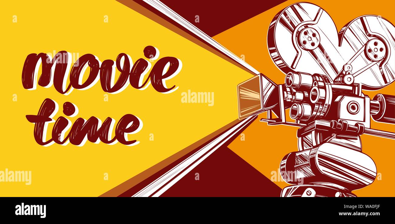 cinema logo festival, vintage old movie camera, , calligraphic text hand drawn vector illustration realistic sketch Stock Vector