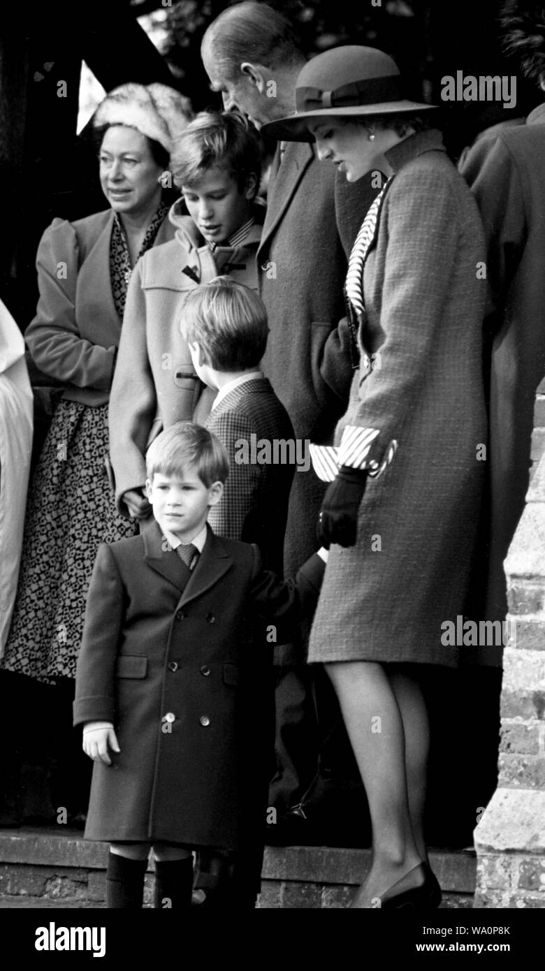 Princess Dian with Prince William and Harry plus Princess Margaret at Sandringham Stock Photo