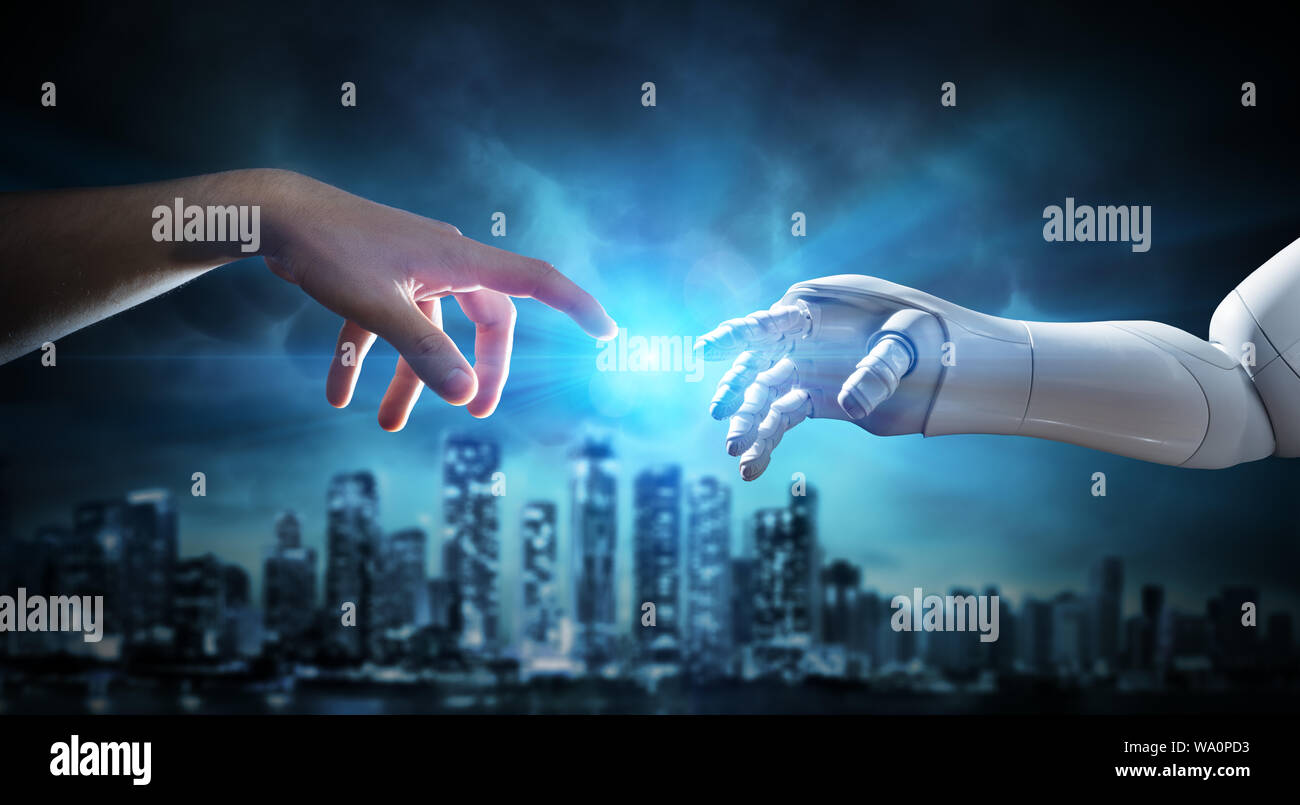 Human And Robotic Hand Touching Fingers - Creation Of Artificial Intelligence Stock Photo
