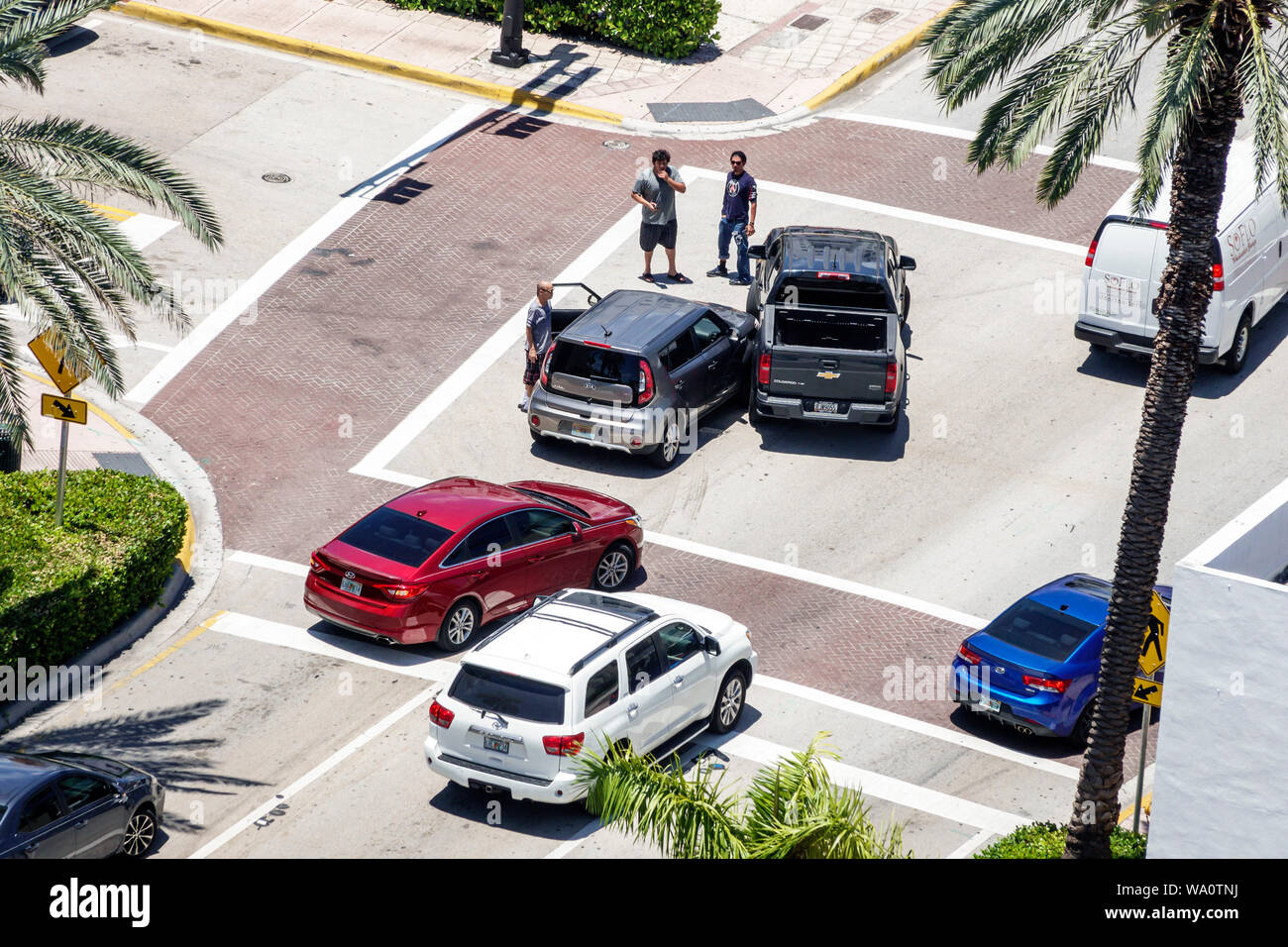 Miami Beach Florida,North Beach,Collins Avenue,traffic vehicle car automobile accident fender bender,collision,FL190731036 Stock Photo