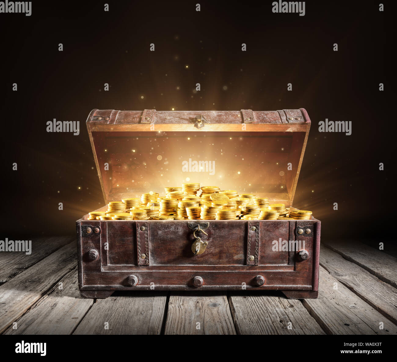 Treasure Chest Open Ancient Trunk With Golden Coins Stock Photo Alamy