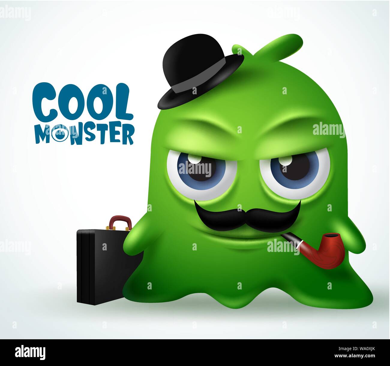 Cool monster mafia boss character vector design. Cool monster boss slime character creature with beard, tobacco pipe, spy hat, and briefcase. Stock Vector