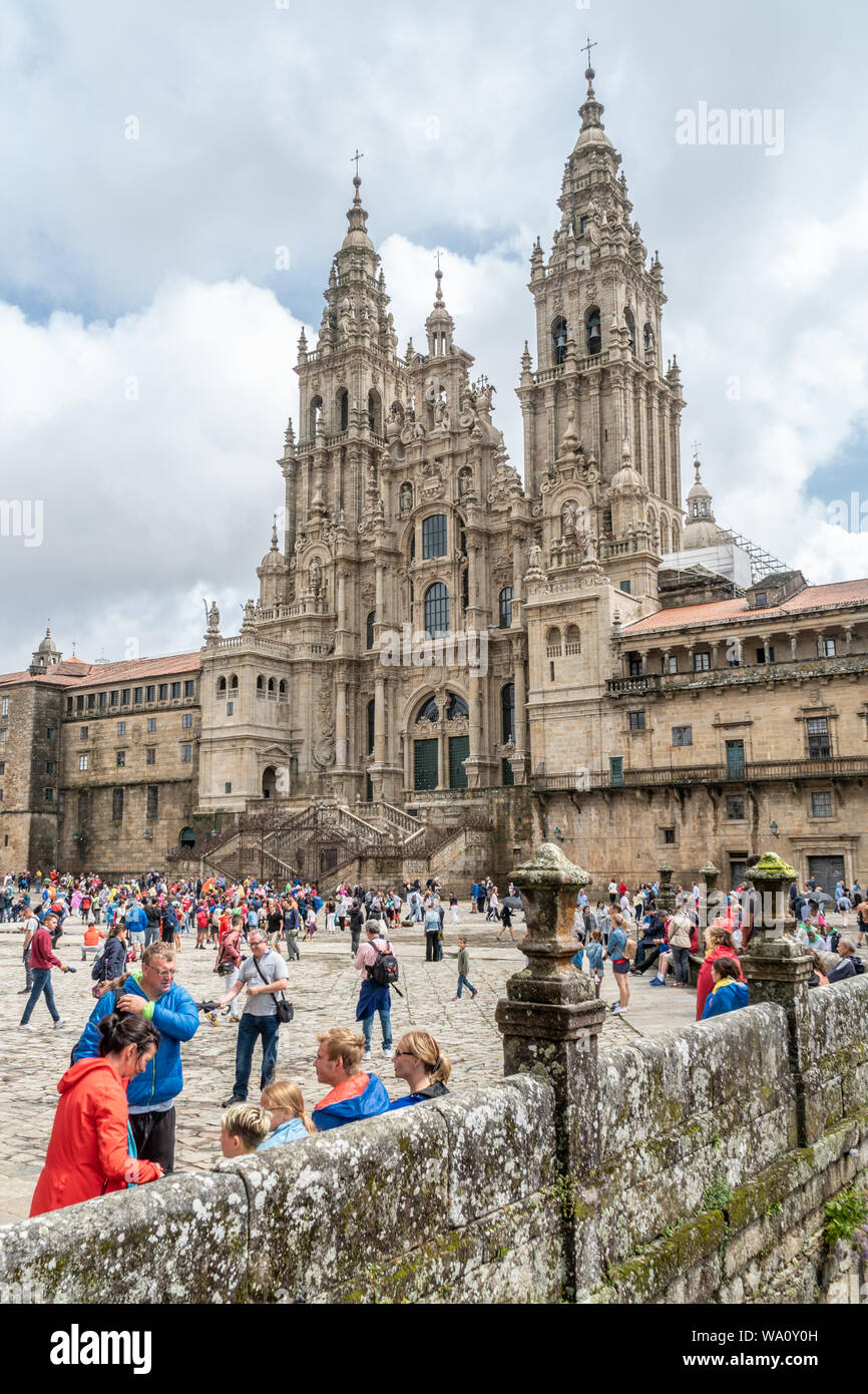 Santiago de Compostela, Spain. august 9, 2019: Santiago de Compostela Cathedral view from Obradoiro square. Cathedral of Saint James, Spain. Galicia, Stock Photo