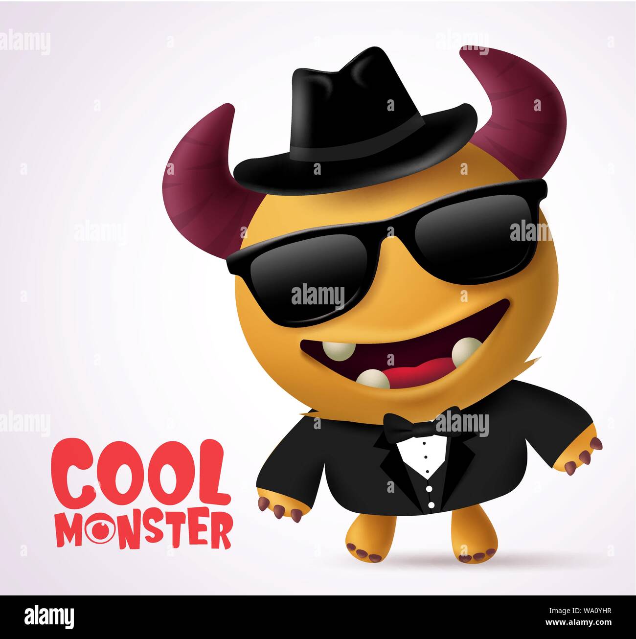 Cool monster escort vector character design. Cool Monster character creature with funny pose wearing  black coat, necktie, glasses and hat. Stock Vector