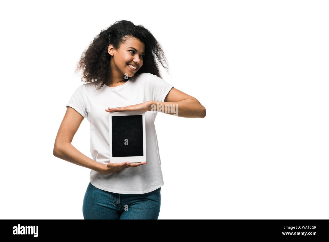 happy african american girl holding digital tablet with blank screen ...