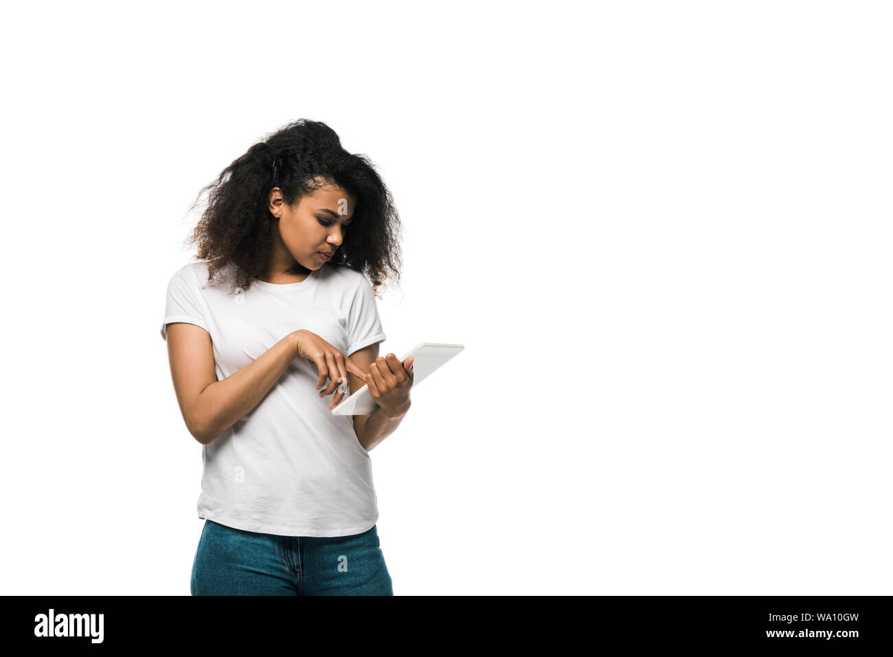 pretty african american girl pointing with finger at digital tablet ...