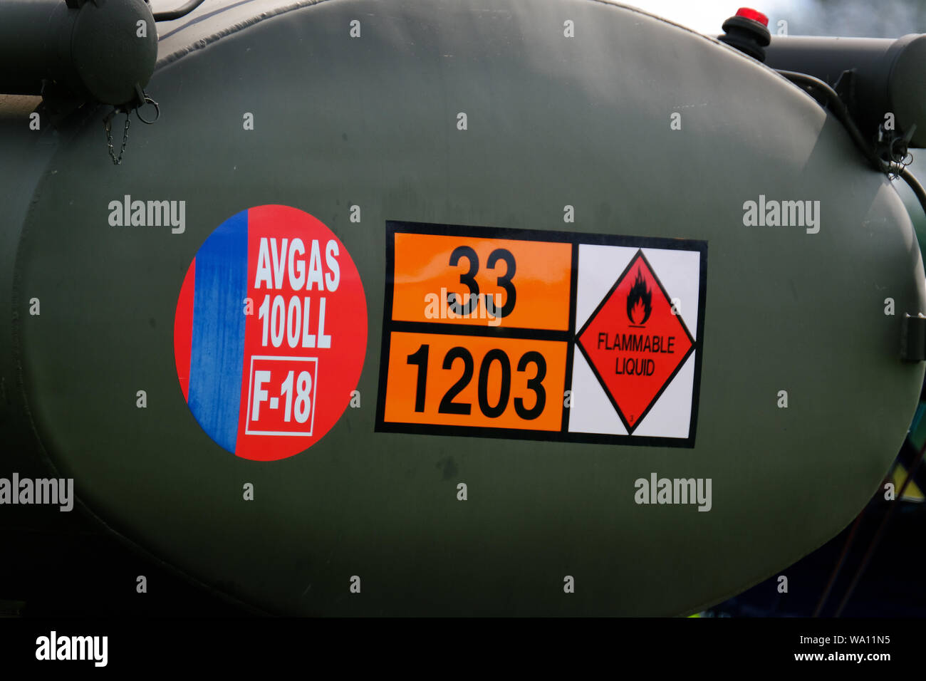 Safety Hazchem identification signs on aviation fuel tanker. Stock Photo