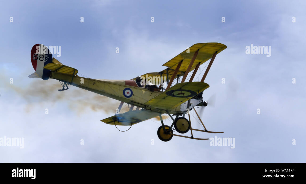 The Royal Aircraft Factory B.E.2 was a British single-engine tractor two-seat biplane designed and developed at the Royal Aircraft Factory. Stock Photo
