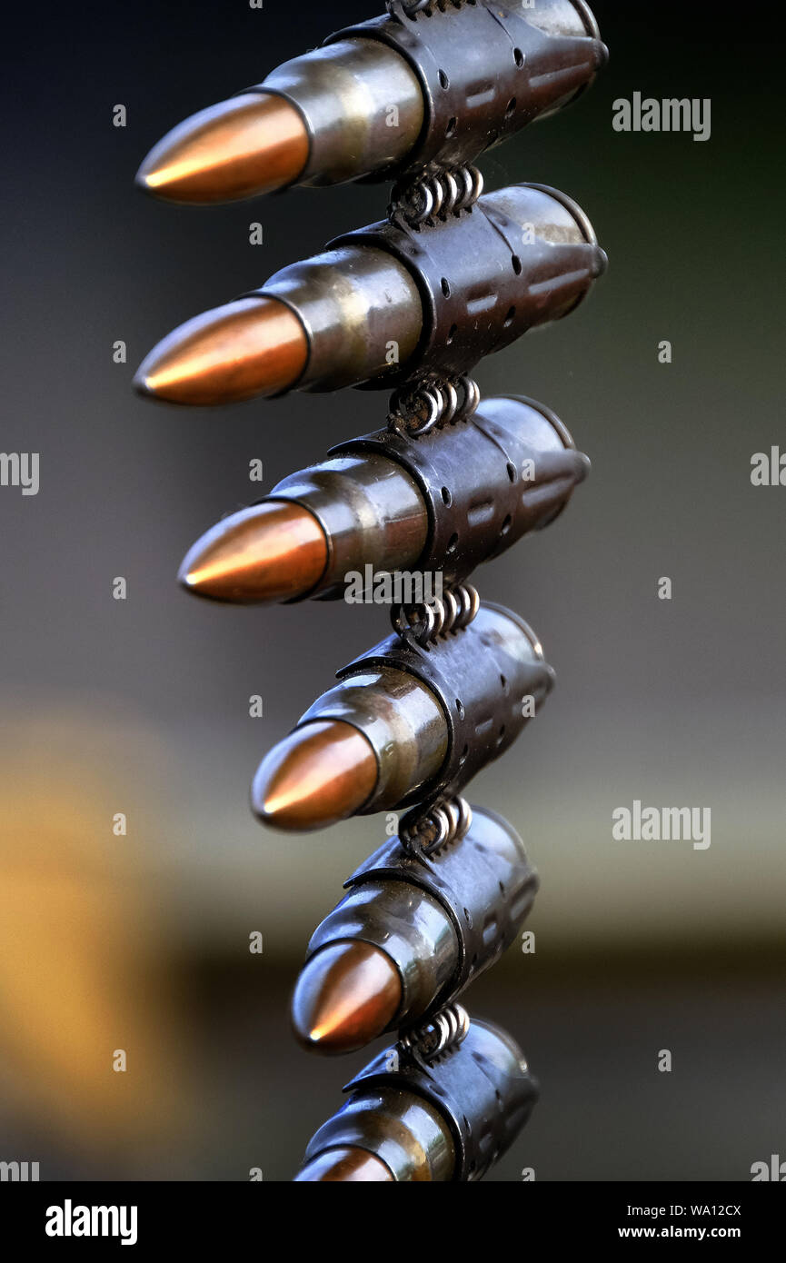 7.92 mm Mauser rifle rounds linked to be used in German world war two MG34 machine gun. Stock Photo