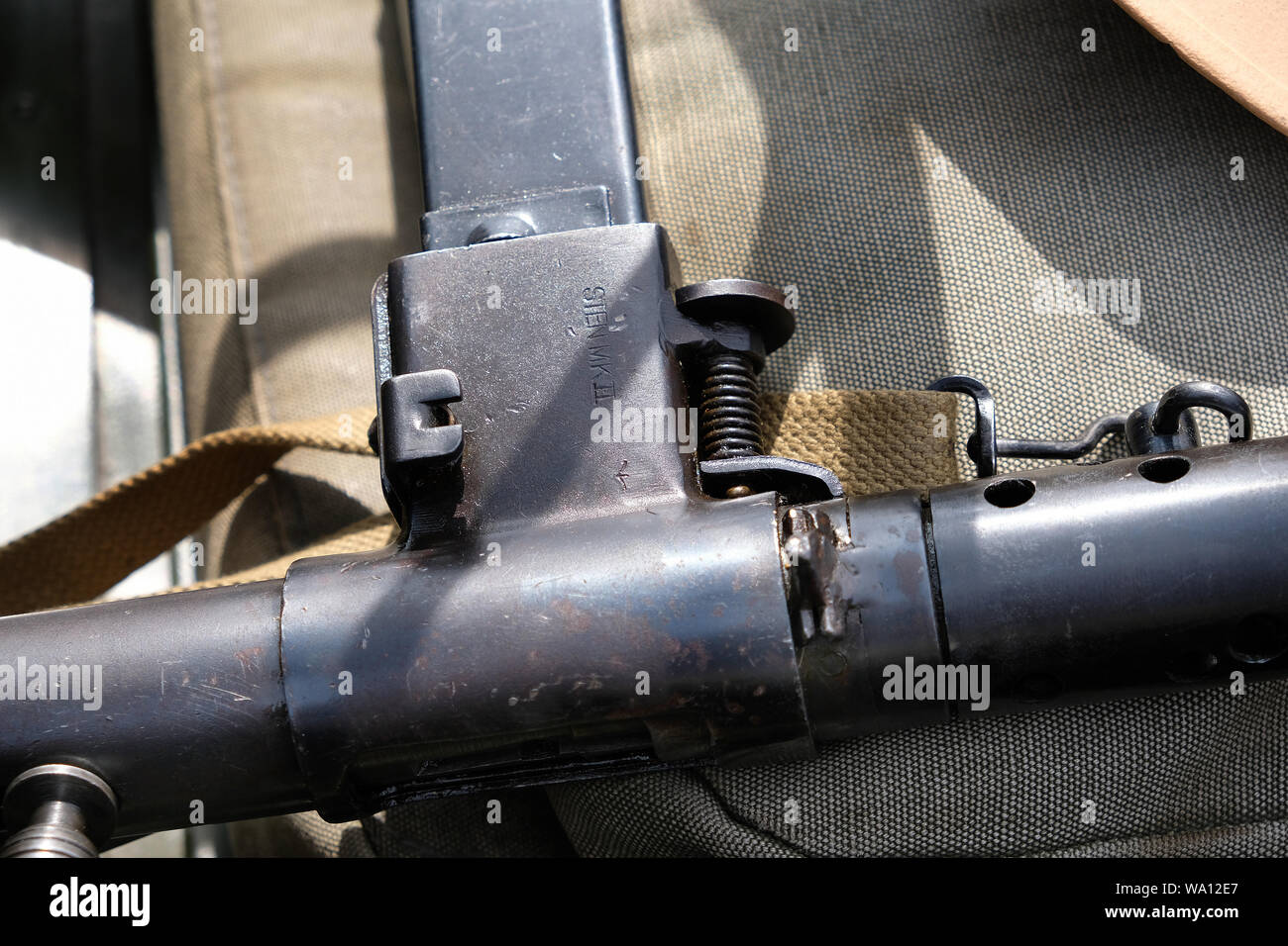 Magazine receiver detail of British world war two Sten sub machine gun. Stock Photo