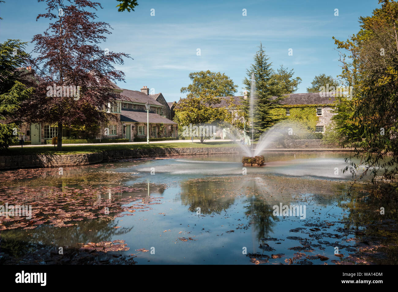 Cliff at Lyons, Celbridge, Kildare, Ireland - 13th May 2019. A water fountain forms a dramatic centrepiece to the lake at Cliff at Lyons hotel in Kild Stock Photo