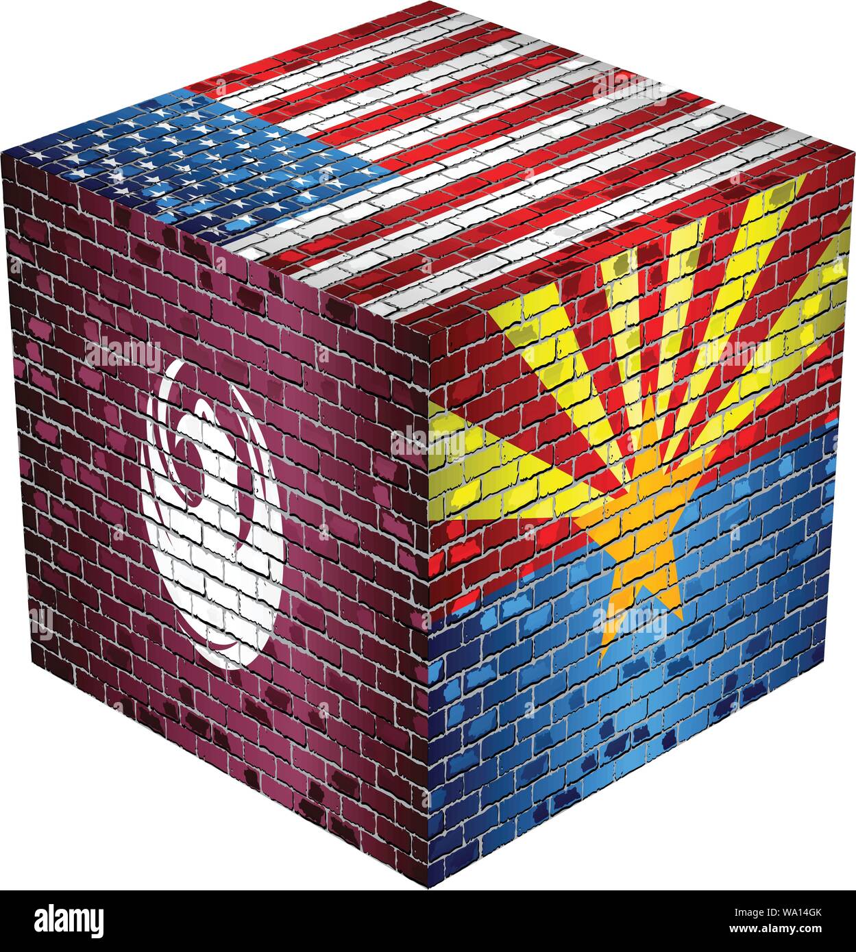 Phoenix Cube in made of bricks - Illustration,  flag of Arizona on a brick wall,  Abstract flag of USA Stock Vector