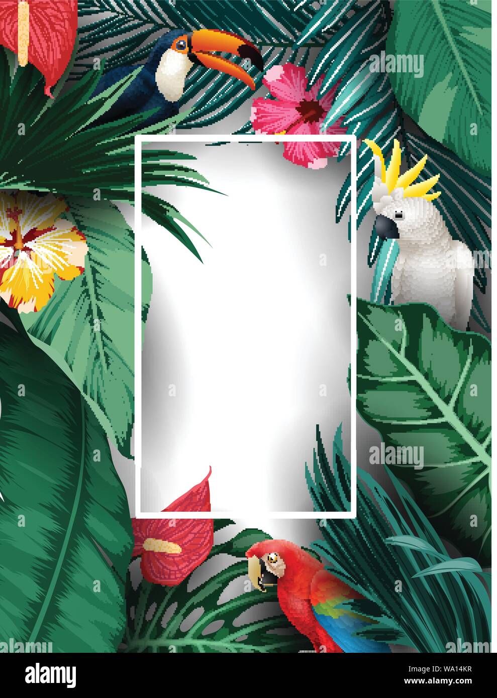 Birds collection and tropical plants background Stock Vector