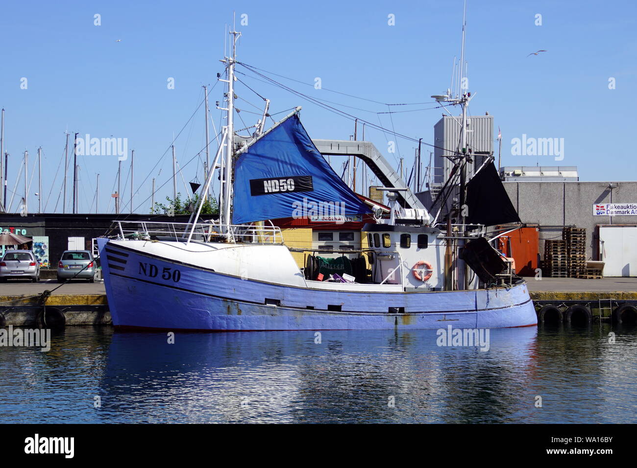 Rodvig, Denmark - July 18, 2019: Fishing boat ND 50 docked in de harbor of Rødvig. Stock Photo