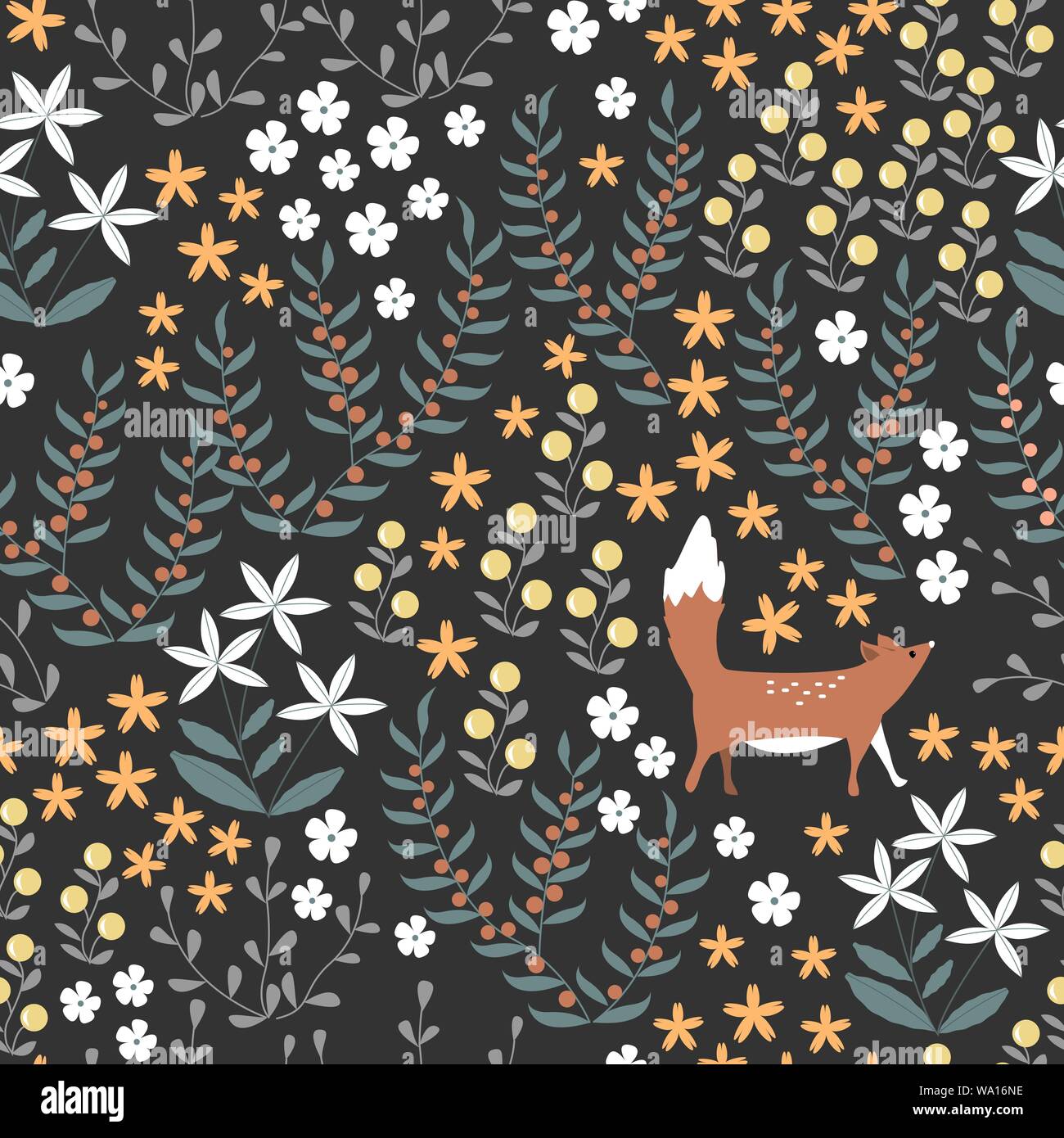 Vector floral seamless pattern with cute fox and abstract flat doodle elements such as plants, flowers, and berries. Forest nature background for Stock Vector