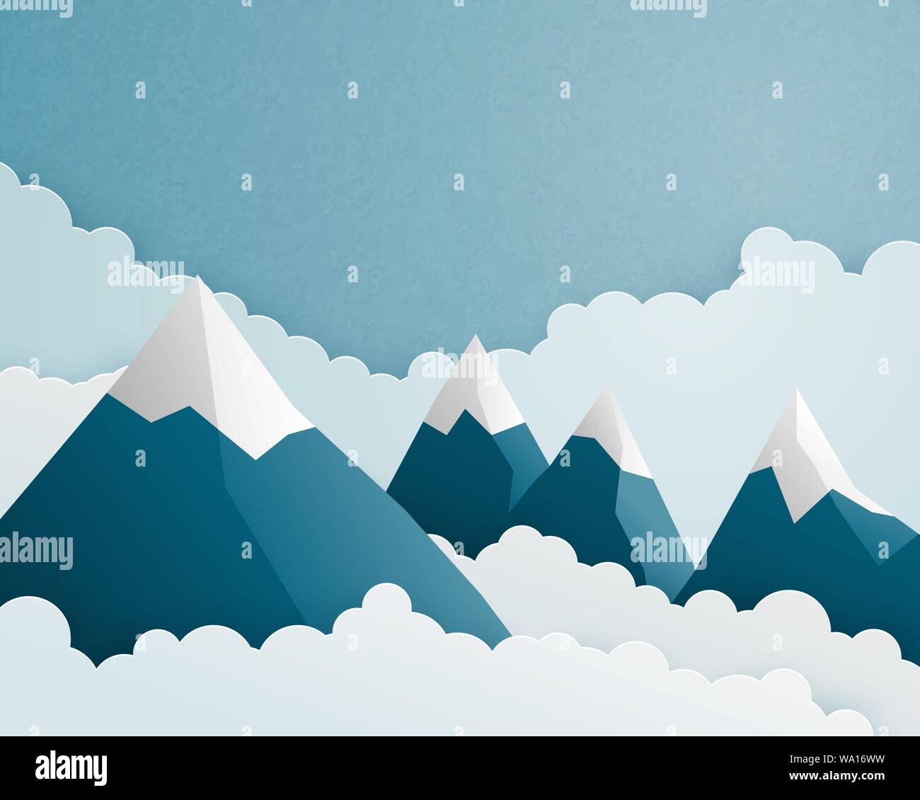 Mountain and cloud scene in paper cut style. Nature landscape clouds and sky background. Vector illustration for wallpaper, poster, backdrop, banner, Stock Vector
