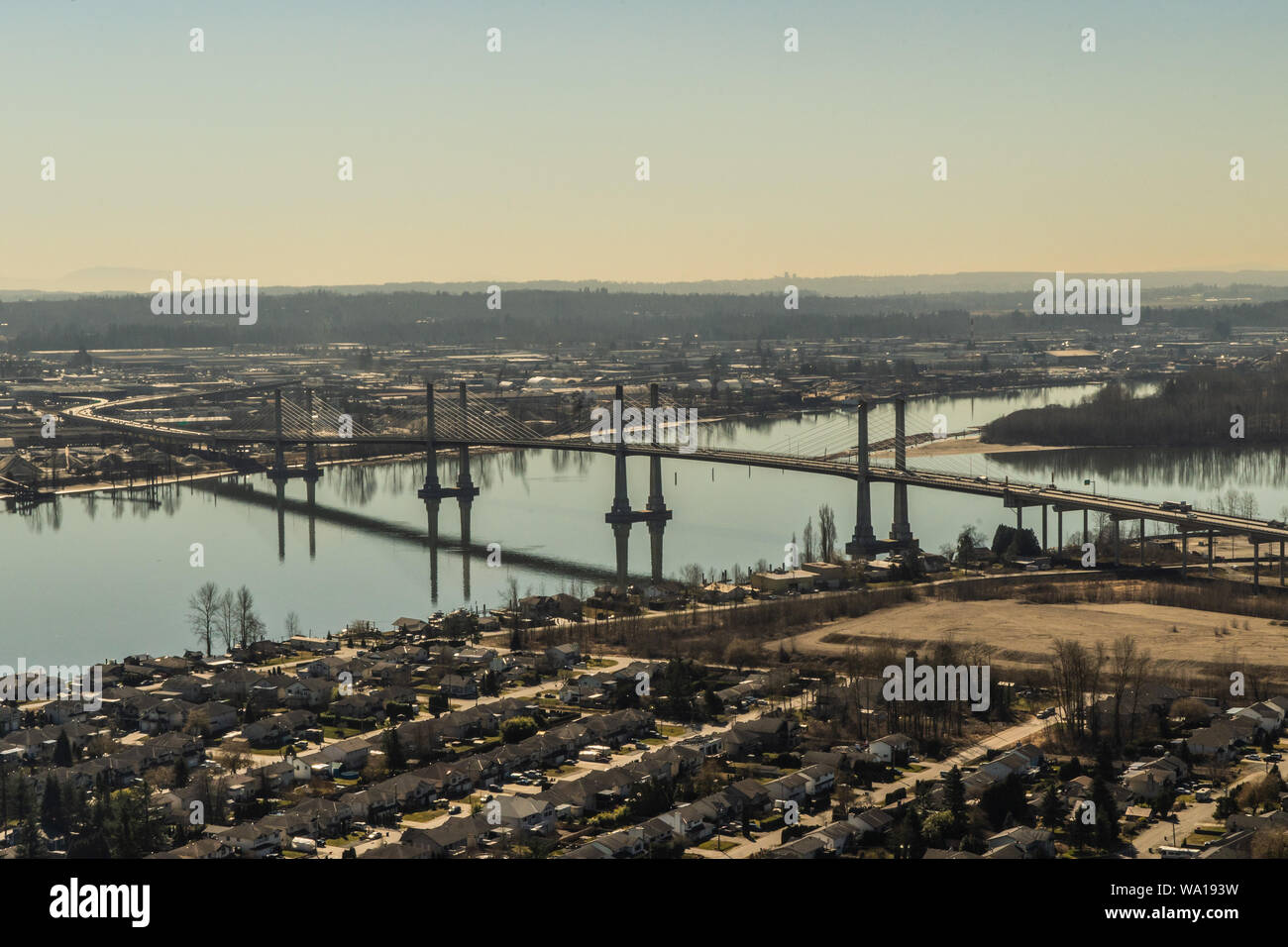 Golden ears Bridge over the Fraser River close to the city of Langley