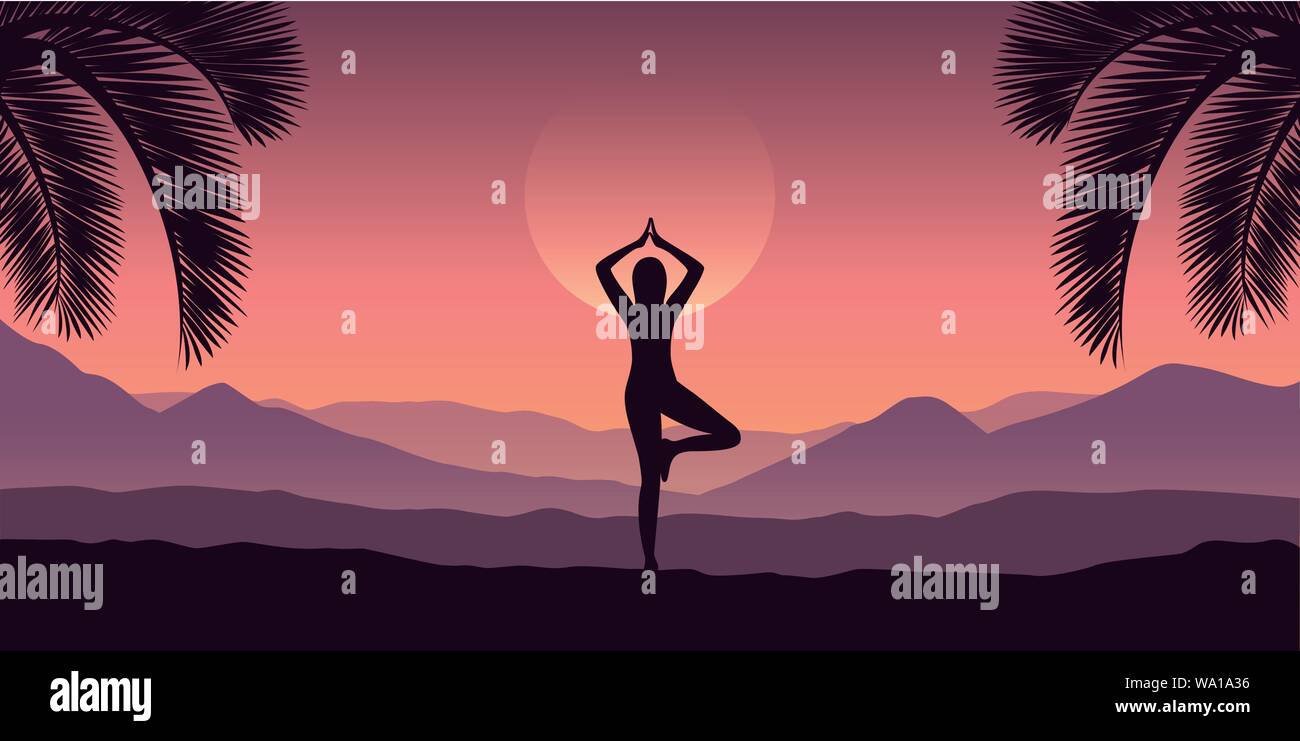 girl makes yoga at tropical red mountain landscape in purple colors vector illustration EPS10 Stock Vector