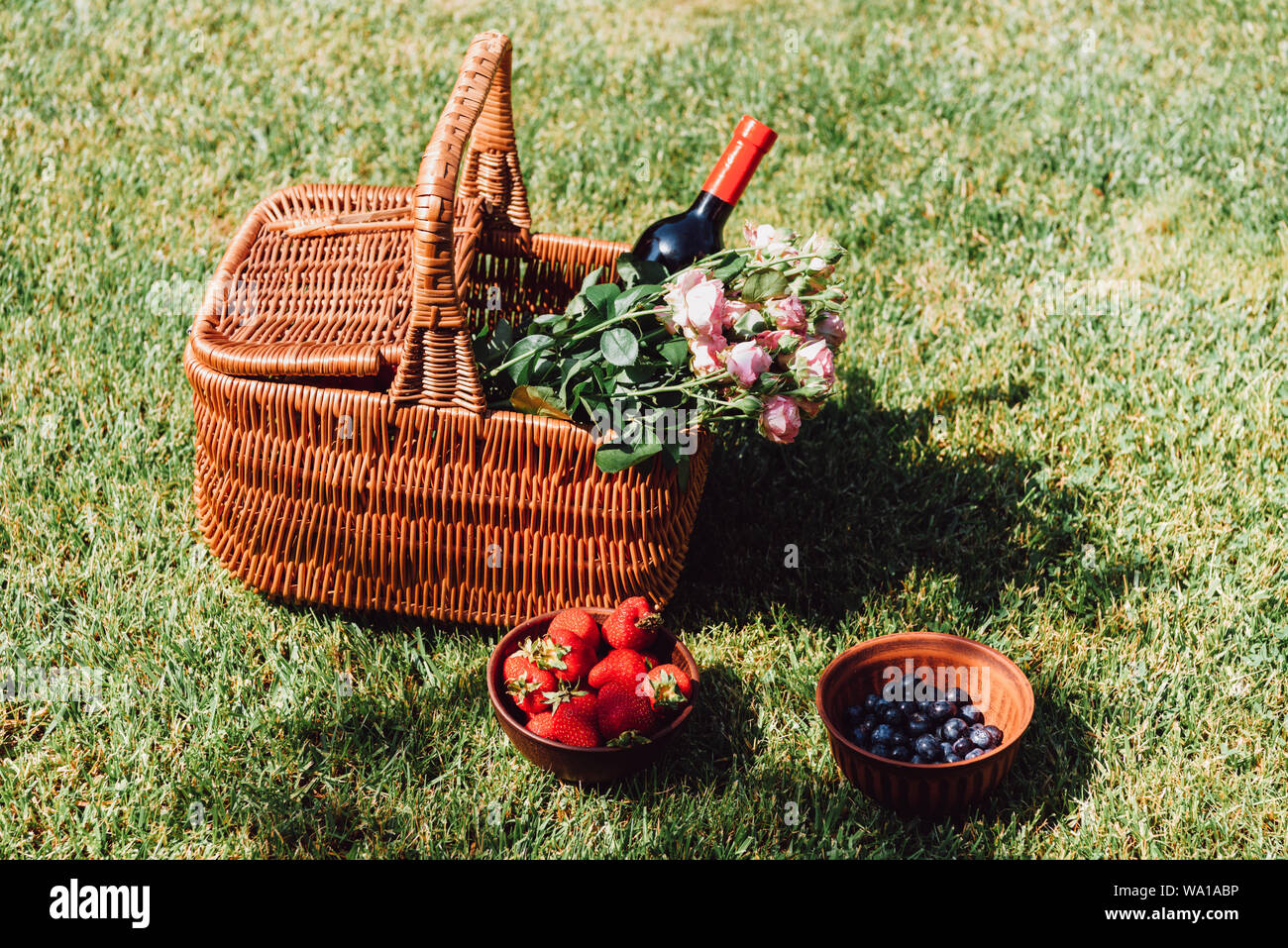 wicker basket with roses and bottle of wine on green grass near strawberries and blueberries in bowls at sunny day in garden Stock Photo