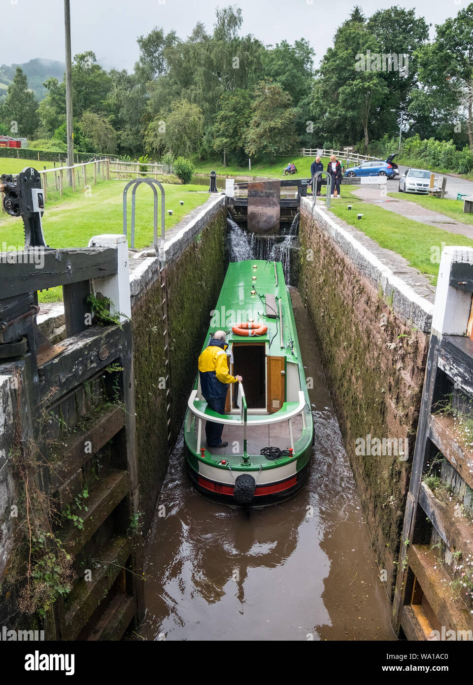 Navigating a Lock on the Monmouth and Brecon Canal, Brecon Beackons, Powys, Wales, UK Stock Photo