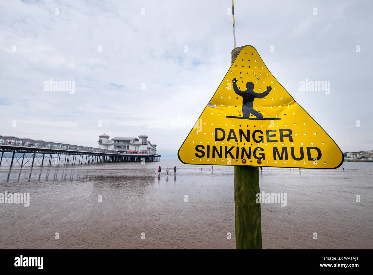 Danger Sinking Mud warning sign on the beach at Weston-Super-Mare in Somerset Stock Photo