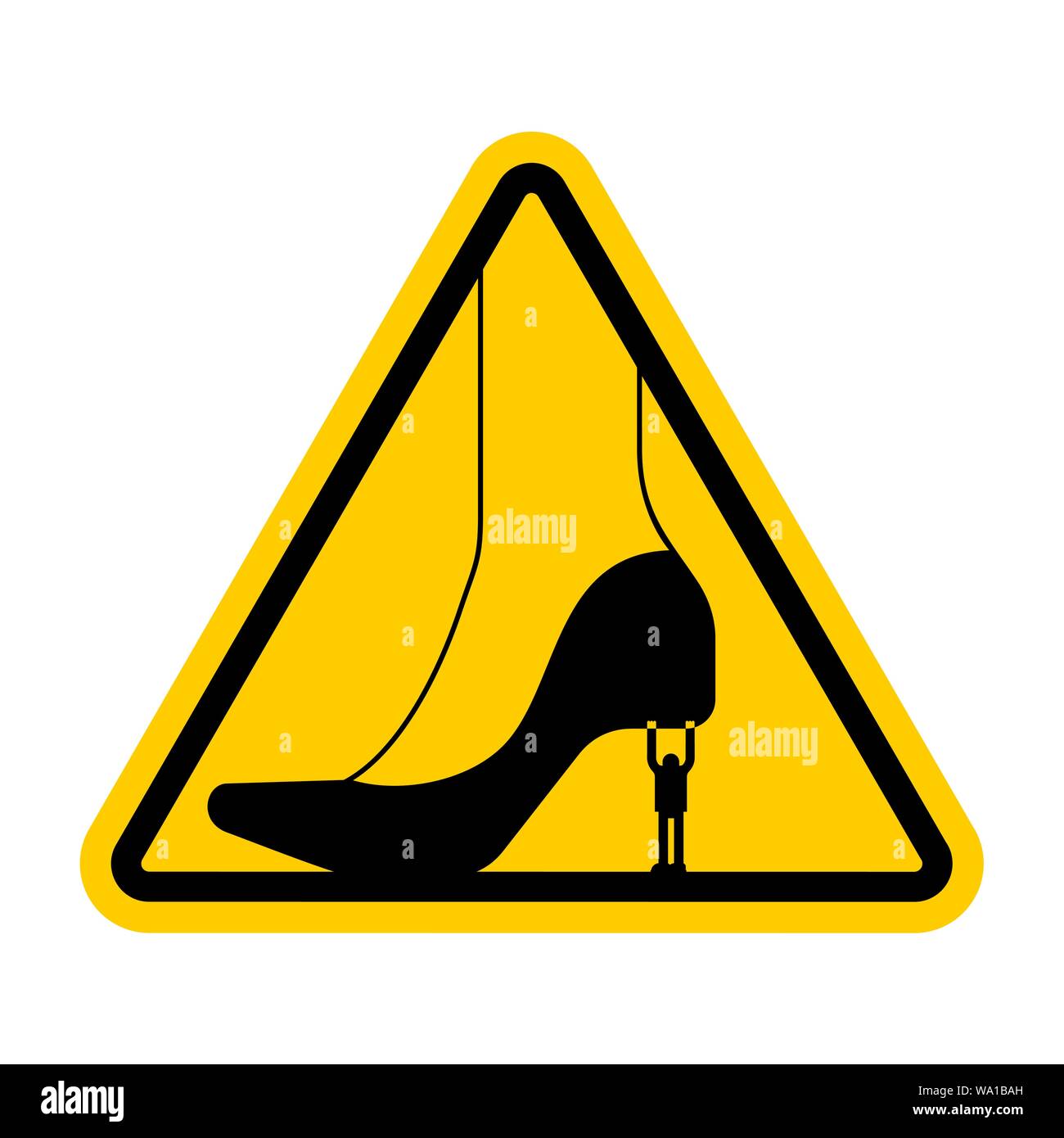 Attention Henpecked man. Warning yellow road sign. Caution guy Holding woman shoe Stock Vector