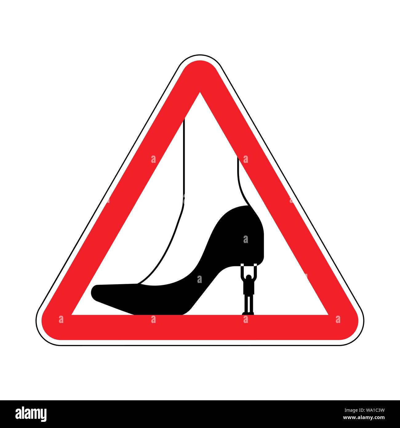 Attention Henpecked man. Warning red road sign. Caution guy Holding woman shoe Stock Vector