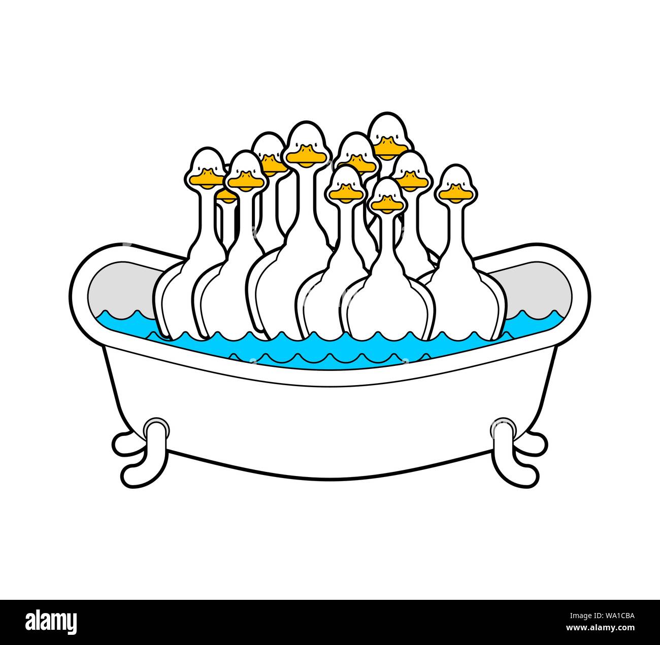 Geese in bath cartoon isolated. bathtub vector illustration Stock Vector