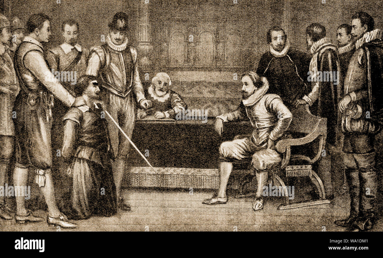 GUNPOWDER  PLOT CONSPIRACY  1605 - Arrest of Guy Fawkes- Being interrogated by King James 1st of England Stock Photo