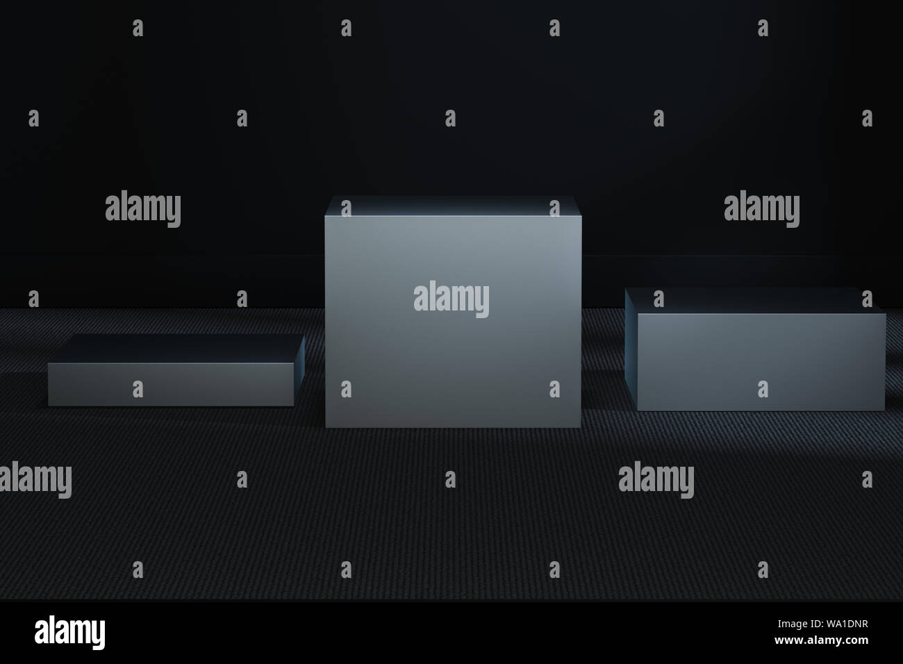 The metal cubic platform in the dark room, 3d rendering. Computer ...