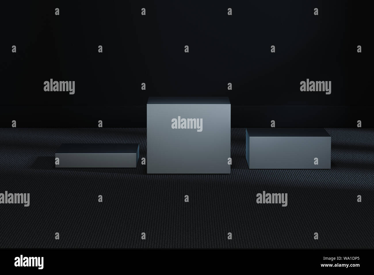 The metal cubic platform in the dark room, 3d rendering. Computer ...