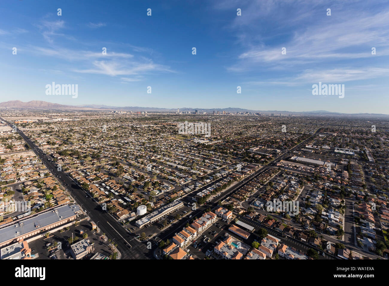 Aerial view of sprawling suburban Las Vegas homes and streets in Southern Nevada. Stock Photo