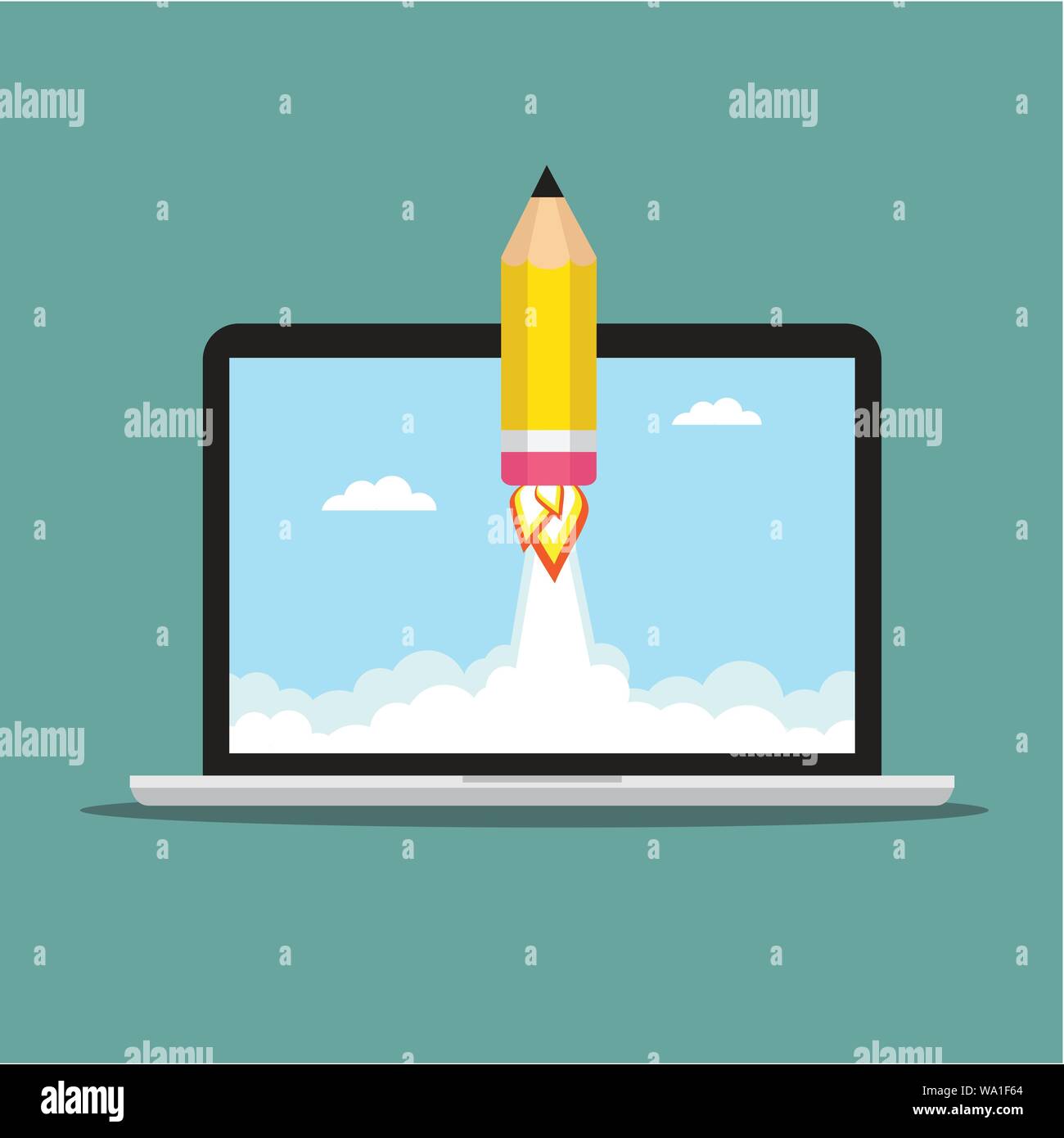 Pencil Rocket fly out the laptop. Vector illustration Stock Vector