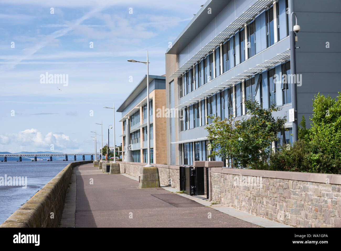 Dundee riverside walk and apartments with a view of the Tay Rail Bridge