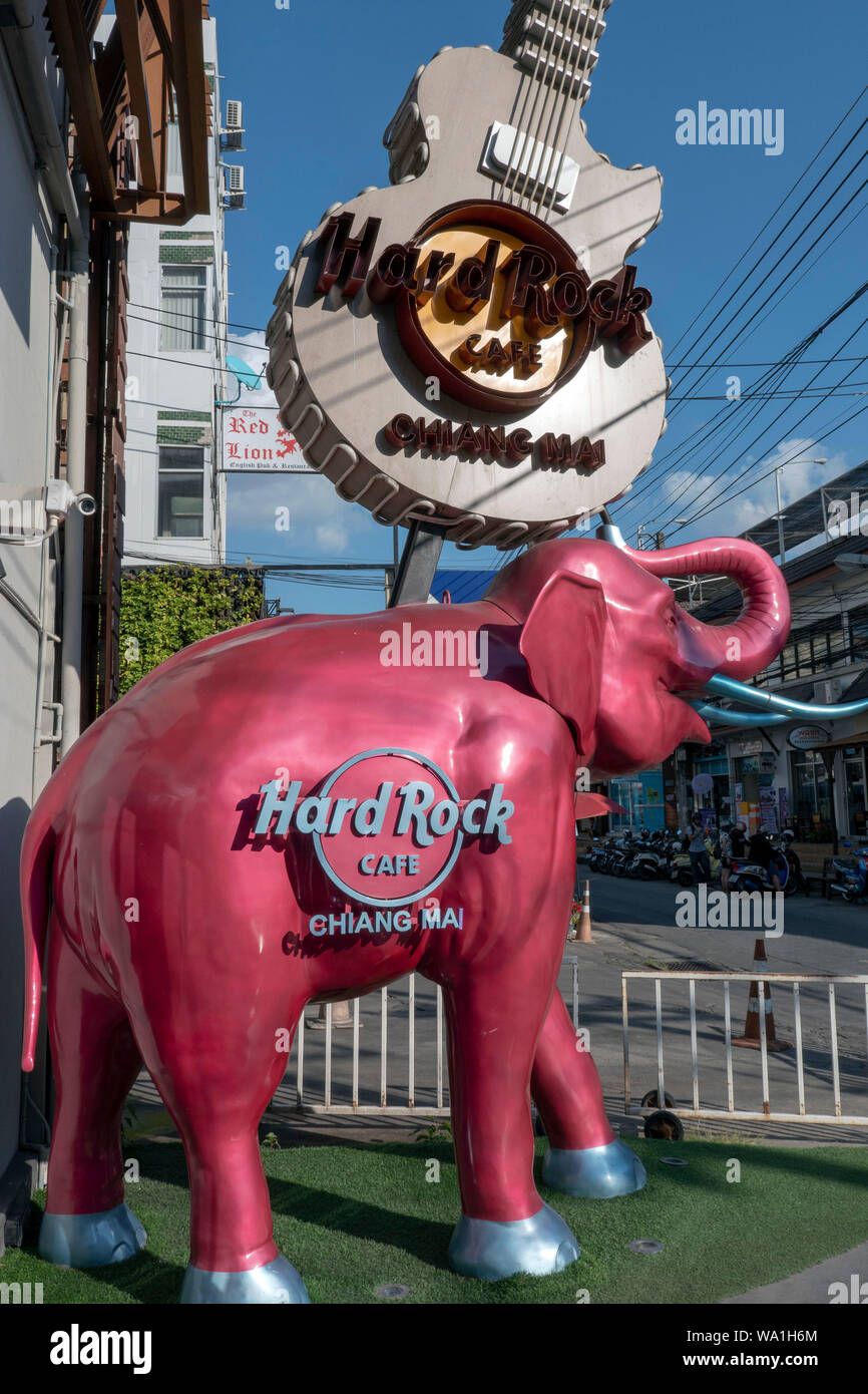 Pink elephant marks Hard Rock Cafe Chiang Mai north Thailand Stock