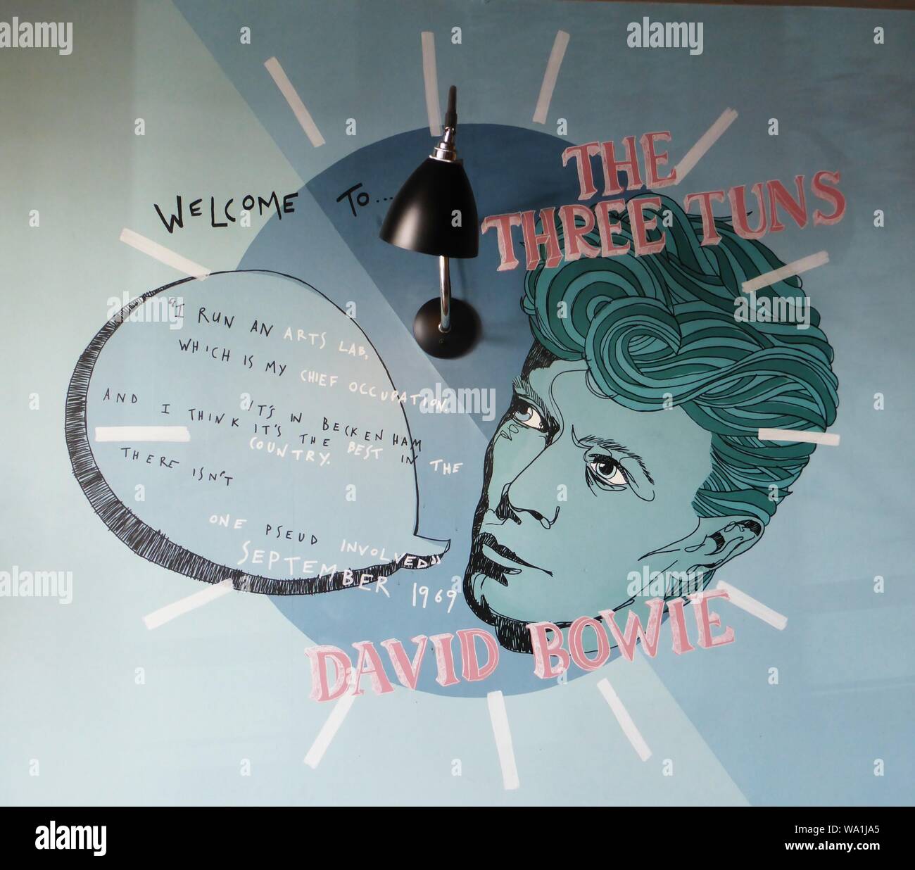 David Bowie mural celebrating the rock star's early career with the Beckenham Arts Lab located at The Three Tuns pub in Beckenham high street. Stock Photo