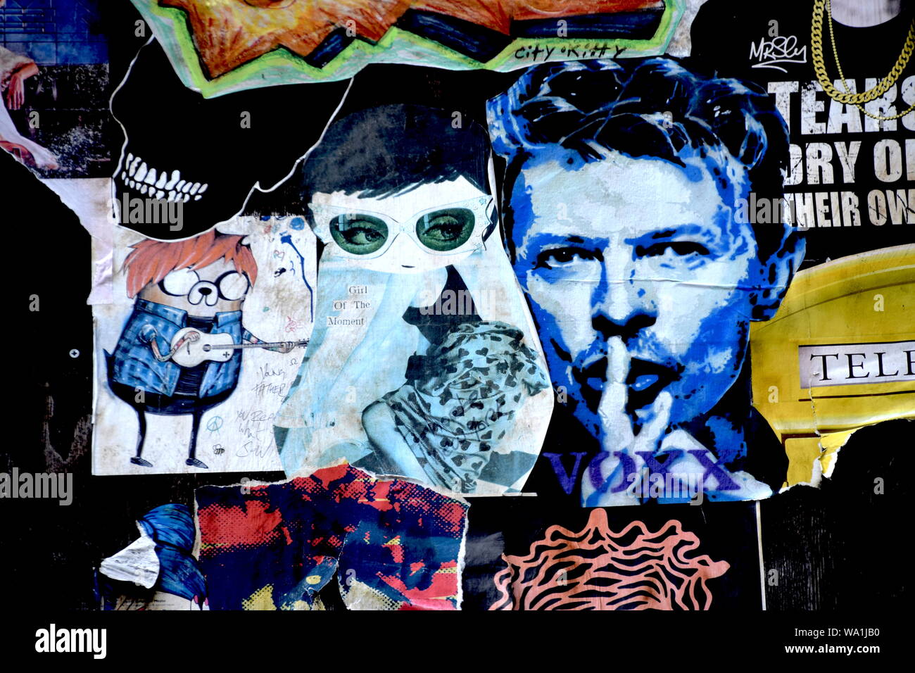 David Bowie said Gavin Evan's Shush portrait was his favourite of all time. Gavin Evan's iconic image is pictured pasted to a Wall in Croydon. Stock Photo
