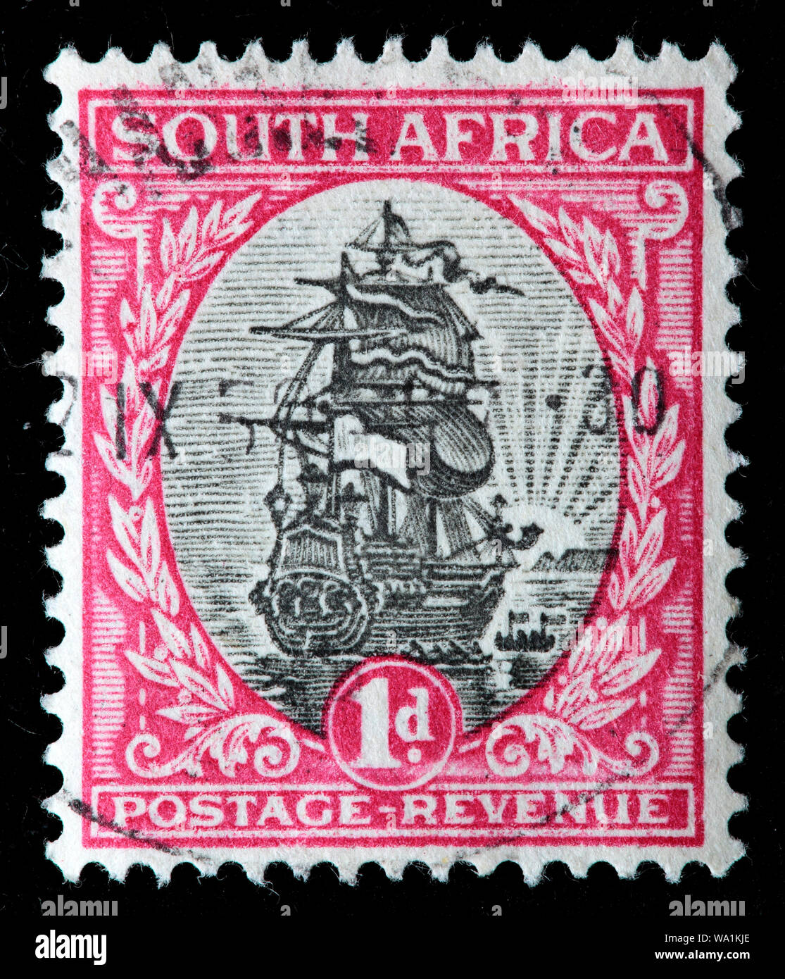 Jan Van Riebeeck's ship, postage stamp, South Africa, 1926 Stock Photo