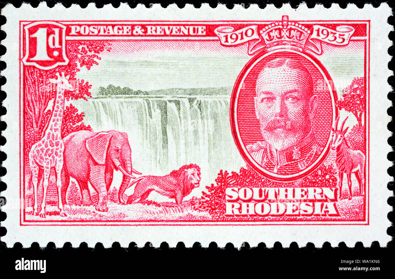 King George V and Victoria Falls, postage stamp, Southern Rhodesia, 1935 Stock Photo