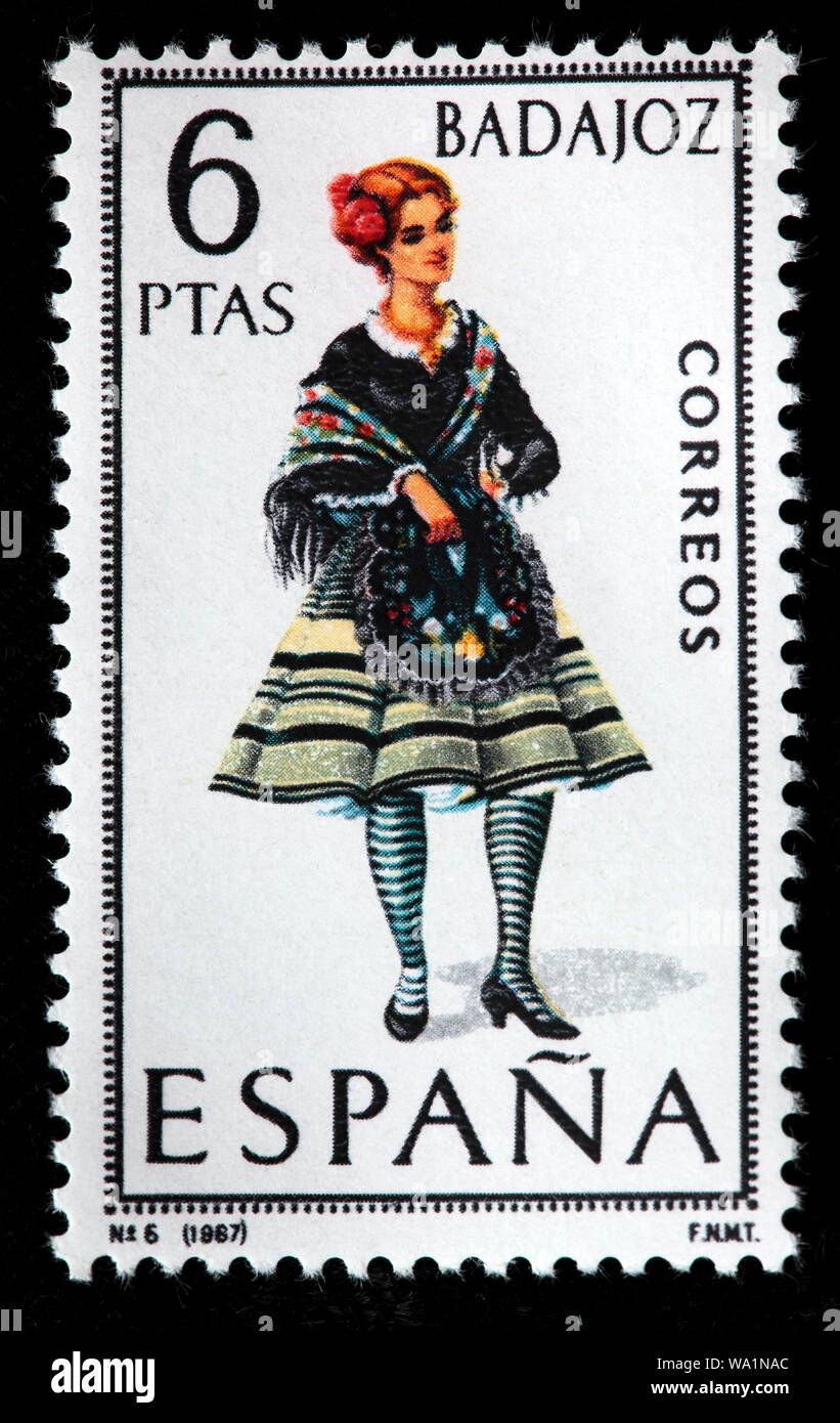 Badajoz, Extremadura, woman in traditional fashioned regional costume,  postage stamp, Spain, 1967 Stock Photo - Alamy