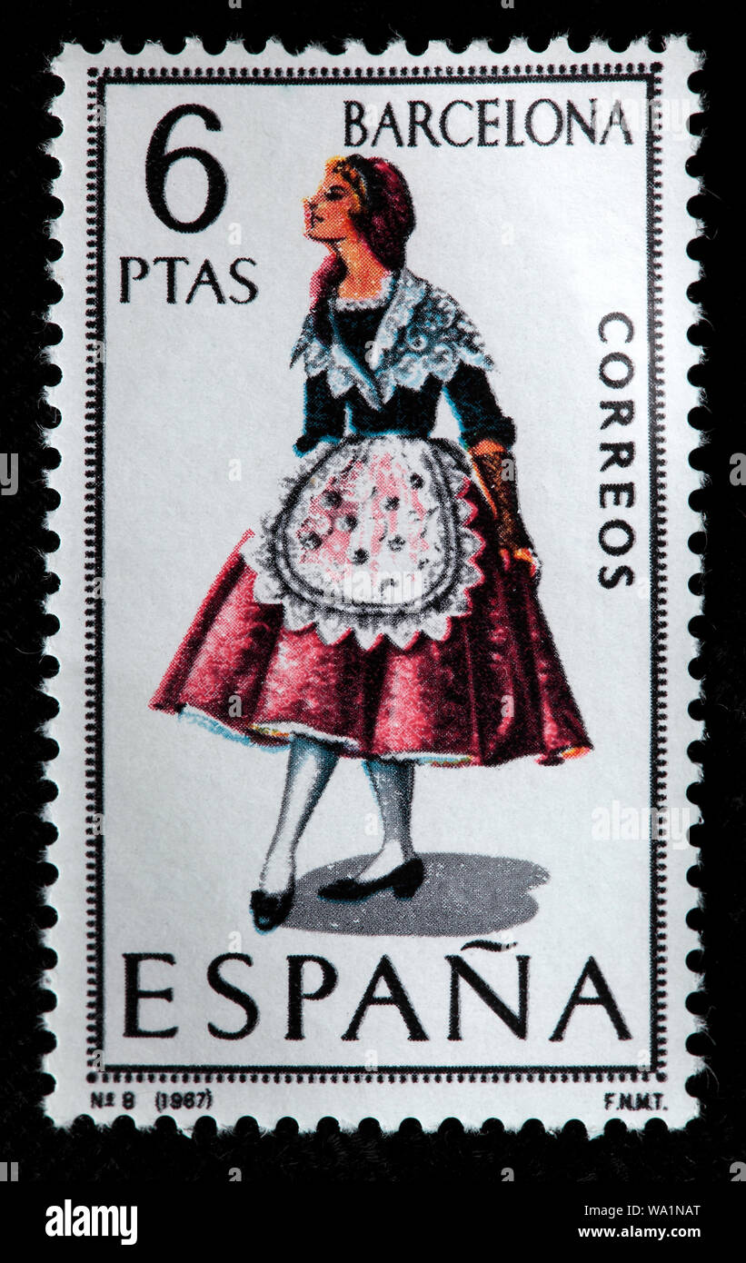 Barcelona, Catalonia, woman in traditional fashioned regional costume, postage stamp, Spain