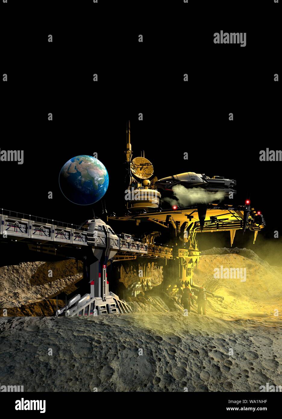 Moon base with spaceship landing, illustration. Stock Photo