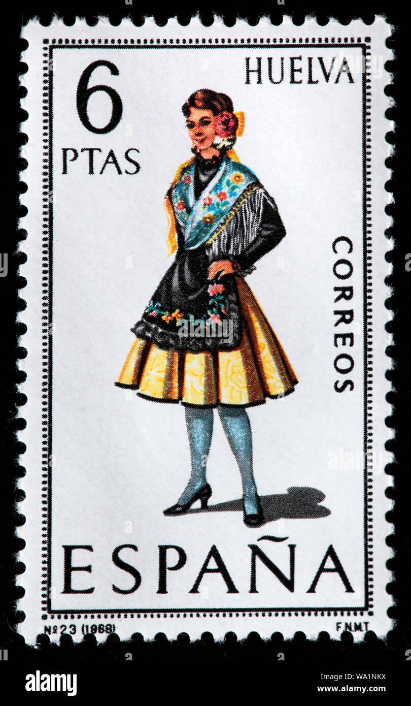 Huelva, Andalusia, woman in traditional fashioned regional costume, postage  stamp, Spain, 1968 Stock Photo - Alamy
